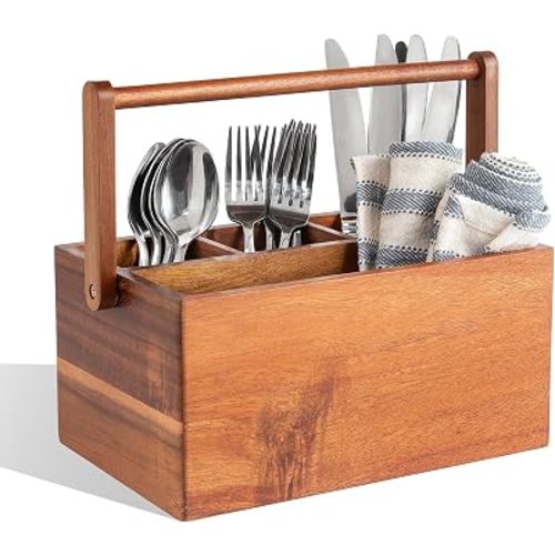 Acacia Wood Utensil Caddy with Handle, Wooden Silverware Holder, Multi-purpose Organizer for Kitchen, Office, Bathroom, Bedroom