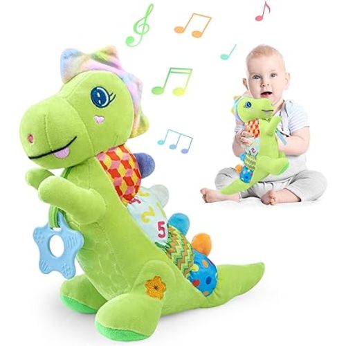 Baby Dino Plush Soft Stuffed Animal Toy for 0-3-6-12+ Months,Infant Musical Toy with Rattle,Squeaker,Sensory Crinkle,Teether & Textures,Tummy Time Toys Christmas Baby Gift for Newborn Girl Boy (Green)