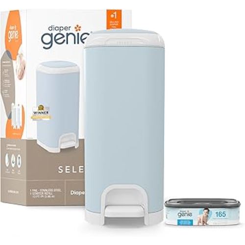 Diaper Genie Select Pail (Blue) is Made of Durable Stainless Steel and Includes 1 Starter Square Refill That can Hold up to 165 Newborn-Sized Diapers.