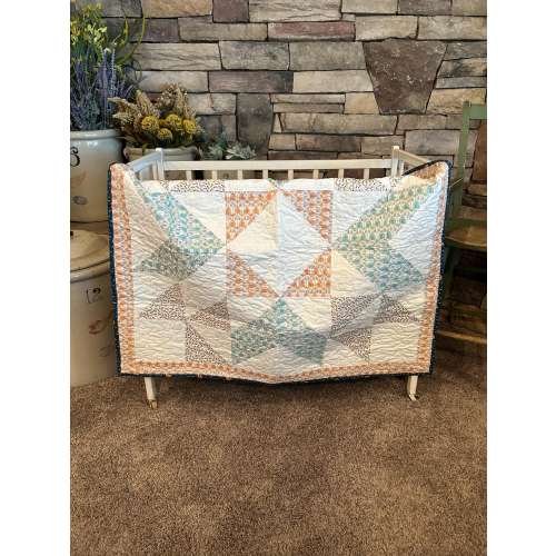 Baby Quilt with Stars and Storks.  Gender neutral colors made into a Barn Star. Handmade, heirloom, 100% cotton.