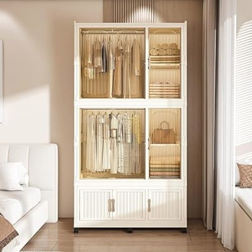 Montary Portable Kids Closet Storage Organizer for Clothes, Children's Wardrobe Closet with Magnetic Doors, Plastic Baby Wardrobe Storage Cabinet with 9 Cubes, 2 Hanging Rods & 6 Hangers