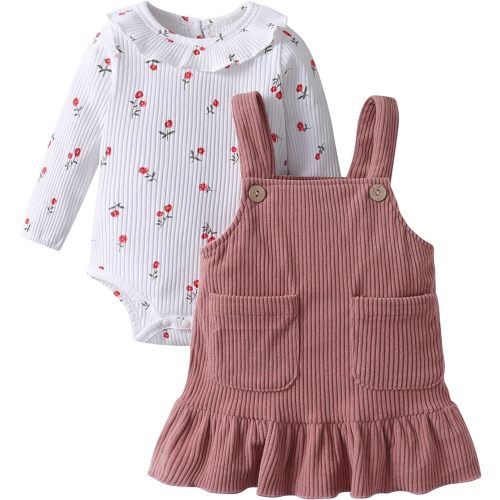 Newborn Baby Girl Clothes Infant outfit Long Sleeve Ruffle Floral Romper+Suspender Skirt Dress Outfits Set