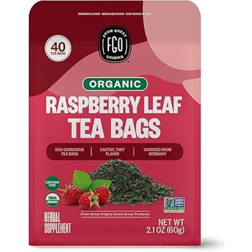 FGO Organic Red Raspberry Leaf Herbal Tea, 40 Count, Eco-Conscious Tea Bags, Caffeine Free (Pack of 1)