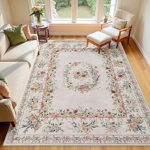 Joydeco Floral Bow Pink Rug for Bedroom, Washable 6x9 Area Rug for Girls Nursery Playroom, Ultra-Thin Non Slip Soft Boho Carpet for Kids Room Dorm Living Room, Light Pink