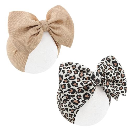 2Pcs Baby Girl Bows Leopard Print Headbands for Girls 7’’ Brown Bow Toddler Hair Accessories Newborn Infant Baby Hair Wrap