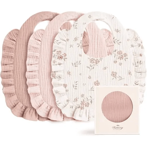Konssy 3-Pack Muslin Baby Girl Bibs, 100% Cotton with Ruffle Trim | Ultra Soft & Absorbent, Baby Essentials for Drooling and Teething, for Newborn, Infant & Toddler 0-36 Months