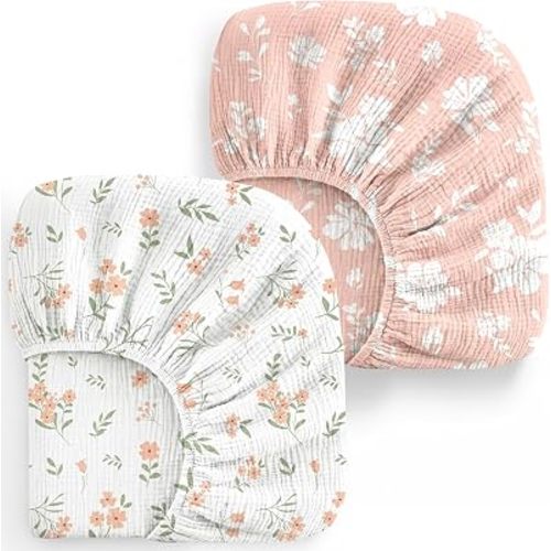 2 Pack Baby Muslin Crib Sheets for Boys Girls 52" x 28"(Pink Floral)