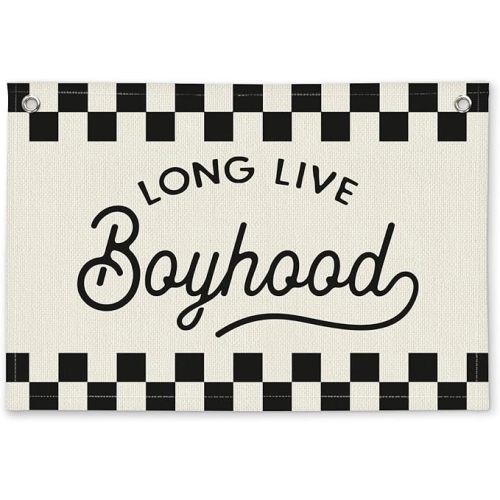 Long Live Boyhood Black and White Checkered Boys Room Decor - Linen Banner Wall Hanging Canvas Banner Flag Decor for Toddler Boy Bedroom Nursery Playroom