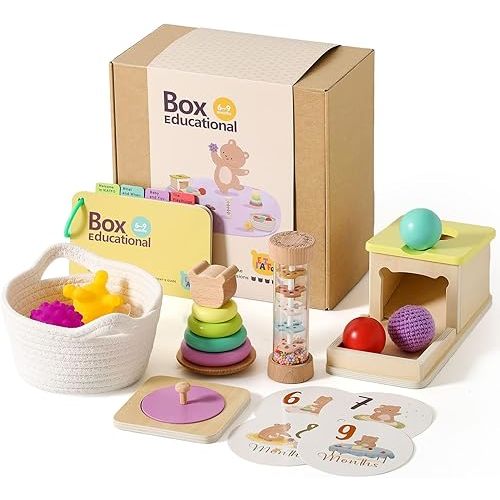 IEATFO Montessori Toys for Babies 6-9 Months, 7-in-1 Wooden Playful Learning Toys with Rainmaker, Multi Sensory Ball, Object Performance Box, Stacking & Nesting Rings, Mirro Knob Puzzle and More