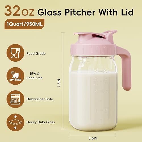 Breast Milk Pitcher - 32 oz Glass Mason Jar with Dual Leak-Proof Design, Airtight Seal, Pour Spout & Handle, Storage Container for Breastmilk, Iced Tea & Ice Drinks(Pink)
