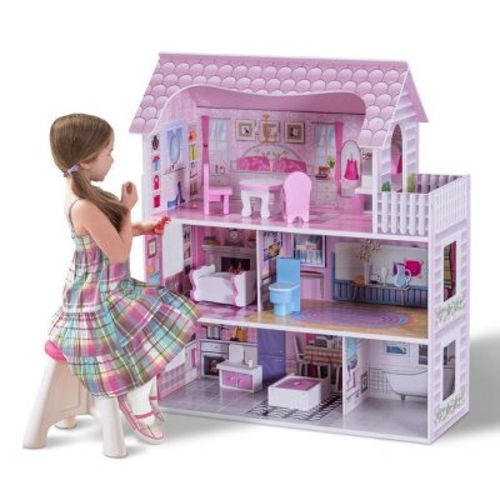 Costway 28'' Pink Dollhouse w/ Furniture and Play Accessories for Girls