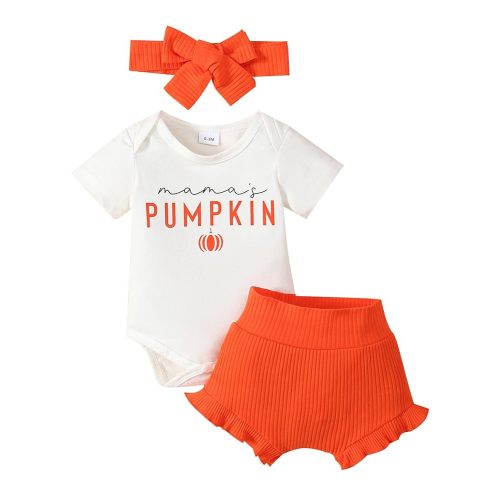 Halloween/Thanksgiving Baby Girl Outfit Pumpkin Romper+Ruffle Shorts Set+Headband Newborn Fall Clothes Clothing