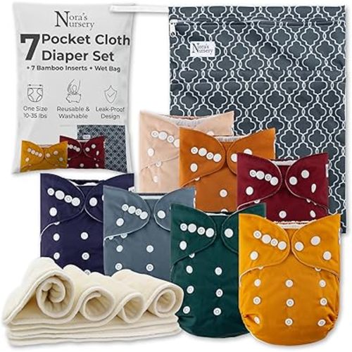 Nora's Nursery Cloth Diapers 7 Pack with 7 Inserts & 1 Wet Bag - Waterproof Cover, Washable, Reusable & One Size Adjustable Pocket Diapers for Newborns and Toddlers-Pacific Neutrals