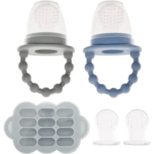 WeeSprout Silicone Baby Food Feeders + Freezer Tray for Batch Prep, Set of 2, Introduce New Foods Safely, Double as Teething Toys, Includes 2 Extra Pouches & Travel Lids, Dishwasher Safe