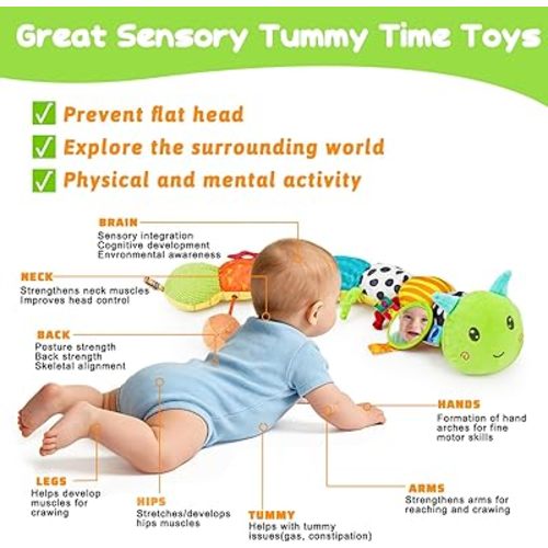 Topsochir Baby Sensory Toys 0-6 Months Music Animal Stuffed Plush Caterpillar Toy for Infant 0-3-6-12 Month Old Tummy Time with Mirror Crinkle Rattle Toys for Newborn Boys Girls Shower Birthday Gifts