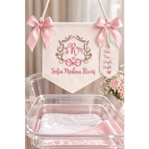 Personalized Baby Girl Banner For Hospital Door Sign & Nursery, Custom Embroidered Baby Name Banner for Baby Shower Gift