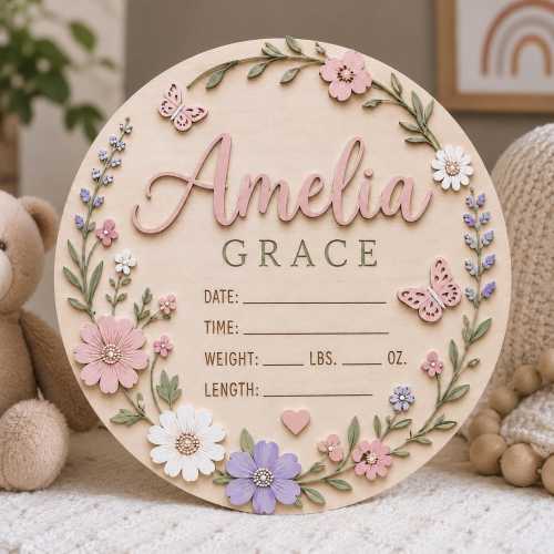 Personalized Floral Baby Announcement Sign, Wooden Birth Stats Plaque, Butterfly Newborn Name Sign, Baby Girl Nursery Decor Gift