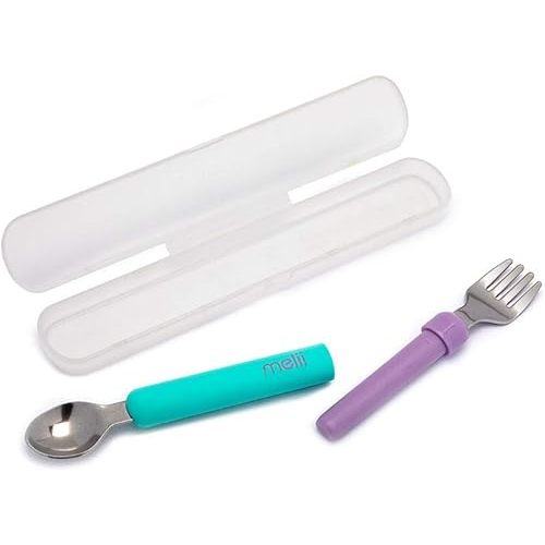 melii Spork On The Go - Travel Utensils for Babies and Toddlers - Detachable Fork and Spoon with Carrying Case - Blue & Purple
