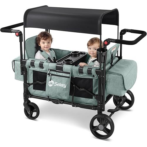 Sekey Wagon Stroller for 2 Kids, Luxury 4-in-1 Stroller Wagon - Premium Quality with Convertible Seats, Adjustable Push Handles, Removable Canopy, Cup Holder, Snack Tray & Cooler, US Certified.
