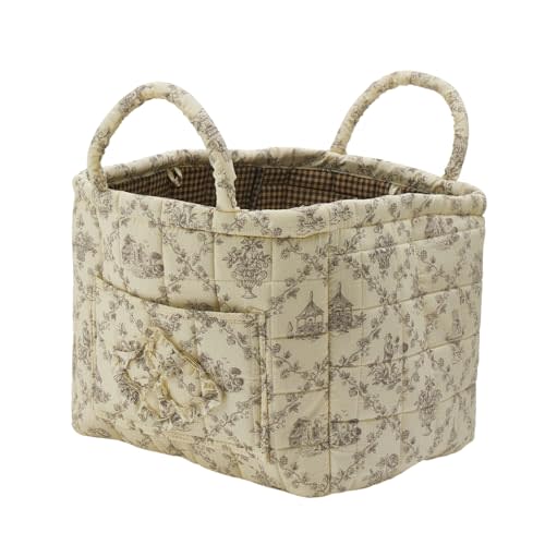 Quilted Fabric Storage Basket with Handles & Pocket, Foldable Laundry Hamper Boho Floral Print Organizer Bin for Home, Picnic, Office 12"x10"x10" (B-1)