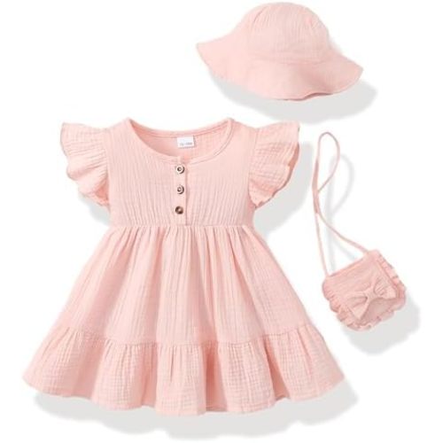 Baby Girl Clothes Toddler Girl Summer Dress Ruffle Fly Sleeve Casual Dresses Sundress for Girls with Hat and Bag