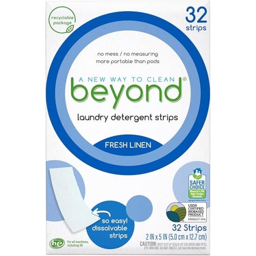 Beyond Laundry Detergent Strips [32 strips] - Fresh Linen - Eco-friendly, Hypoallergenic. Travel friendly. Dissolvable Strips.