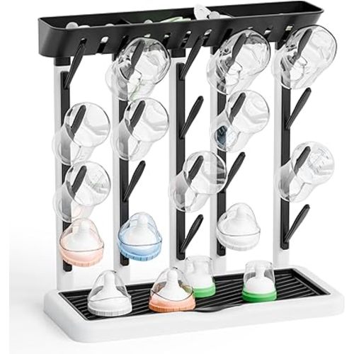 Yieach Larger Baby Bottles Drying Rack for 20 Bottles,Space Saving Feeding Drying Rack for Baby Bottles for Countertop,Vertical Baby Bottle Holder & Storage Station for Pacifiers,Breast Pump,Black