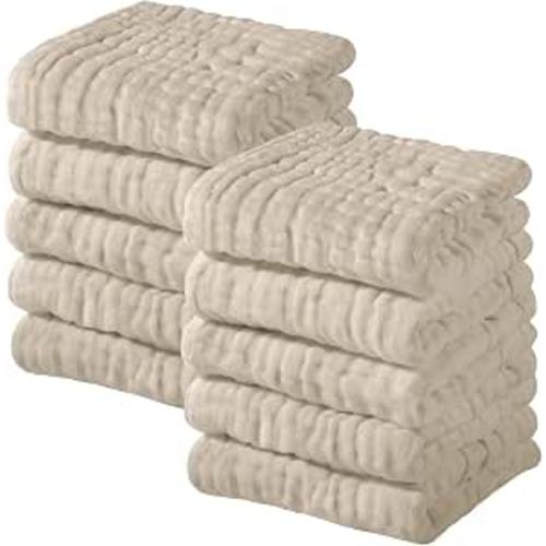 Yoofoss Muslin Baby Washcloths 100% Cotton Face Towels 10 Pack Wash Cloths for Baby 12x12in Soft and Absorbent Baby Wipes (Apricot)