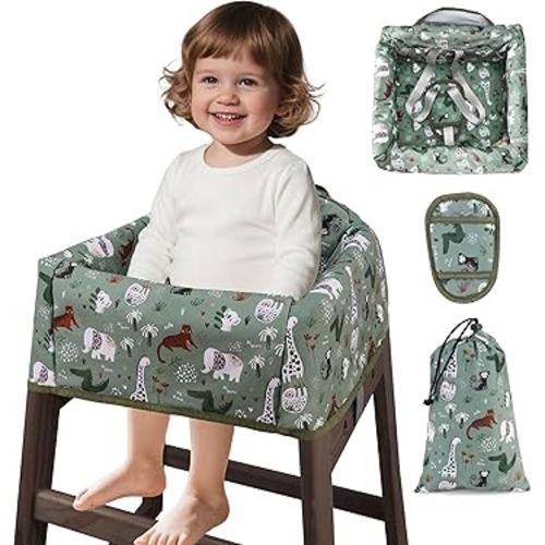 Baby High Chair Cover Restaurant with Strap Pads & 3-Point Harness, Machine Washable, Waterproof Portable Highchair Covers for Eating, Travel, Home Use - Fits Wooden Chairs, Green Dinosaurs