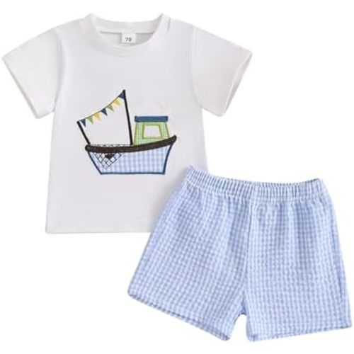Toddler Baby Boy Sailboat Outfit Boating Sailing Embroidery Cotton T-Shirt Plaid Shorts Set Little Boy Summer Clothes