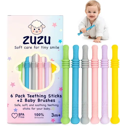 6 Pack Baby Sensory Montessori Toys for 0 3 6 12 18 24 Months Teether for Babies, Baby Teether Teething Stick Toys, Newborn Developmental Toys, Babies Essential Gift– BPA‑Free, Food‑Grade Silicone