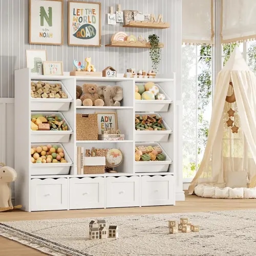 HITHOS 55" W Kids Toy Storage Organizer, Large Toy Box with Bookshelf, Toy Chest with 3 Cubes Storage Organizer, 6 Toy Organizers and Storage Bins, 4 Rolling Drawers for Kids Room, Playroom, White