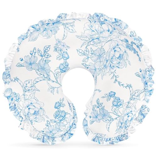 DILIMI Nursing Pillow Cover, Removable Ruffled Pillowcase for Breastfeeding Pillows, Ultra Soft Comfortable Slipcover for Baby Girl and Boy, Blue Floral