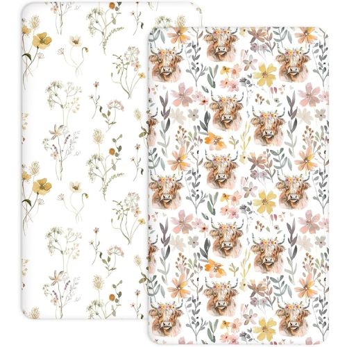 Pack and Play Sheets 2 Pack, Fitted Jersey Knit Mini Crib Sheets for Baby Boys and Girls, Compatible with Graco Pack N Play and Mini Crib Mattress (Cottage Cow, Pack N Play/Mini Crib Sheets)
