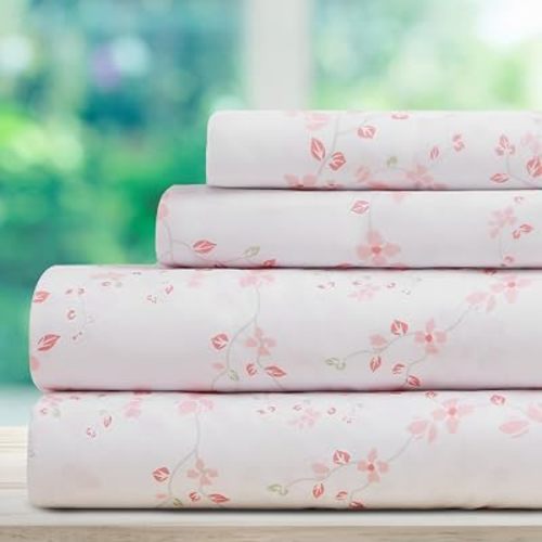 DREAMCARE King Size Sheets Set - 4 pcs Breathable Cooling Sheets - up to 15" Deep Pocket King Sheet Set with Side Pockets - Extra Soft 100% Brushed Hypoallergenic Hotel Luxury Bedding Floral Blossom