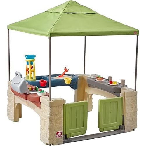 Step2 All Around Playtime Patio with Canopy Playset – Shaded Outdoor Playhouse for Kids with Realistic, Interactive Features, Room for Multiple Toddlers to Play – Dimensions: 60" H x 47.5" W x 47.5" D