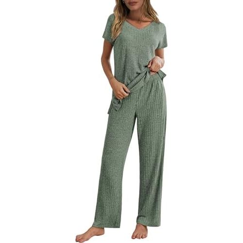 Ekouaer Womens Ribbed Knit Lounge Set Short Sleeve Top and Long Pants Pajamas V Neck 2 Piece Sleepwear