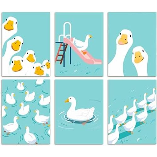 DOODLREAM 6 Pack Cute Goose Unframed Waterproof Canvas Wall Art Decor, Blue Animal 12" x 16" Canvas Wall Poster for Home Office Bathrooms Bedrooms Living Room Nursery Decor