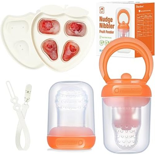 Baby Fruit Feeder & Popsicle Molds Tray Combo, New Born Must Haves and Babies Led Weaning Supplies for Safe Infant Self Feeding, 4+ Month (Orange)