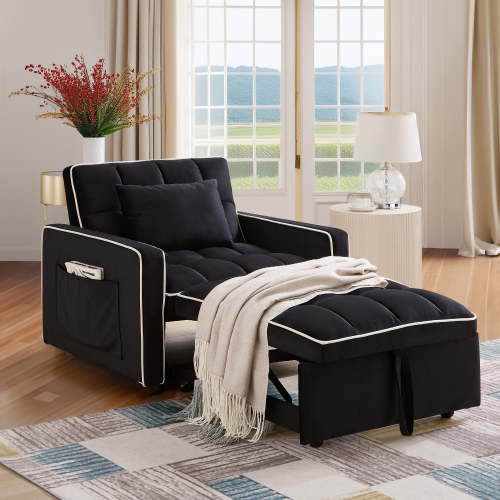 Dinosisco 3-in-1 Convertible Chair Bed, Sleeper Chair Lounge Chair Indoor, Modern Single Pull Out Couch for Living Room, Black Velvet