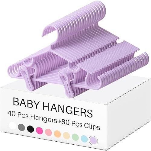 Hsei 5/10/40 Pack Baby Hangers with 10/20/80 Clips Plastic Kids Pants Hanger for Newborn Nursery/Daycare/Preschool Closet/Wardrobe Organizer Baby Shower Party(120 Packs Total,Purple,10.6 Inch)