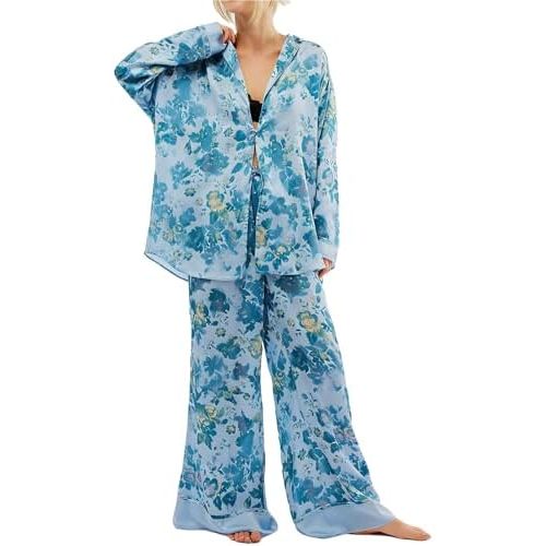 Women Satin Pajama Set Floral Silk Pajamas 2 Piece Lounge Sets Button Down Shirts Wide Leg Pants Pjs Sleepwear