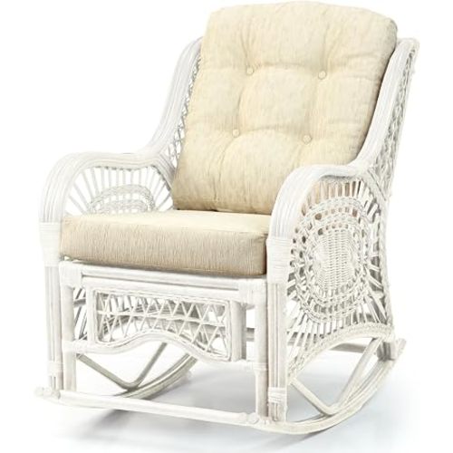 Malibu Rocking Handmade Lounge Chair ECO Natural Wicker Rattan White Color with Cream Cushion, Indoor ONLY
