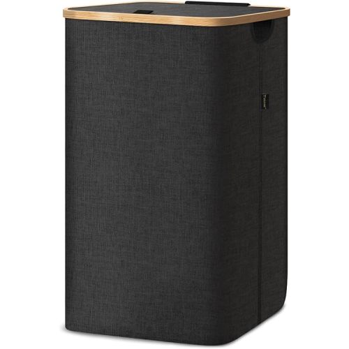 BALEINE Laundry Hamper with Lid, Tall Laundry Baskets with Bamboo Pull Handles, Large Laundry Bin with Internal Support (26Gal/100L, Carbon Black)