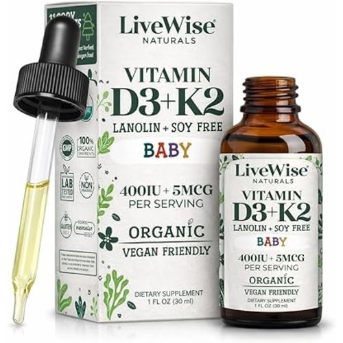 Vitamin D3+K2 Liquid Drops - Organic MCT Oil Formula for Baby - Easy Absorption D3 K2 Supplement for Immune Support & Bone Health 1- Fl Oz