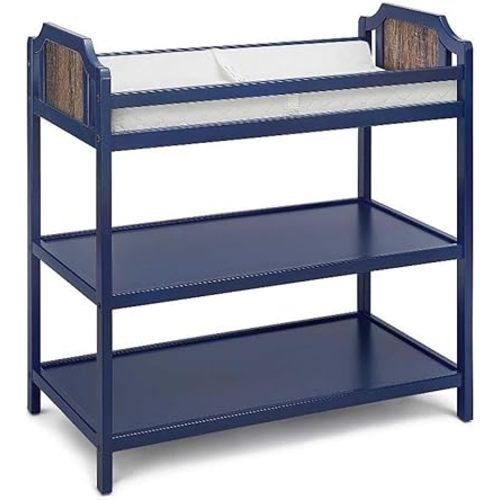 Pemberly Row Contemporary Wood Changing Table, Midnight Blue and Brownstone Finish, 36 in x 34.25 in x 18.75 in, Safety Rails, 2-Shelf Nursery Storage Unit for Baby Diaper Changes