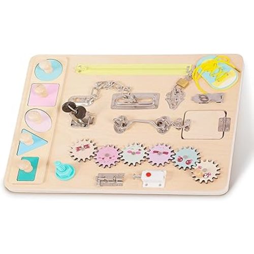 Toddler Wooden Busy Board, Montessori Activity Pad for Kids, Sensory Fidget Board for Children, Preschool Educational Activities Pad Toy.
