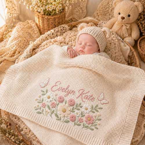 Custom Name Floral Embroidered Baby Blanket, Personalized Flower Knitted Baby Blanket, Lovey Nursery Blanket, Newborn Gift, Baby Shower Gift