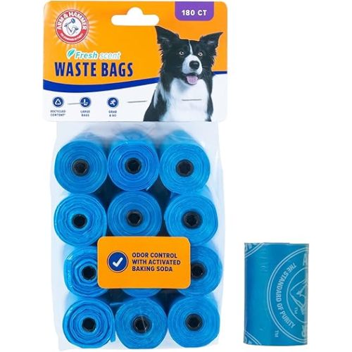 Arm & Hammer Durable Disposable Dog And Cat Waste Bags With Activated Baking Soda, 180 Dog Poop Bags, 9 x 14 Inches, Blue