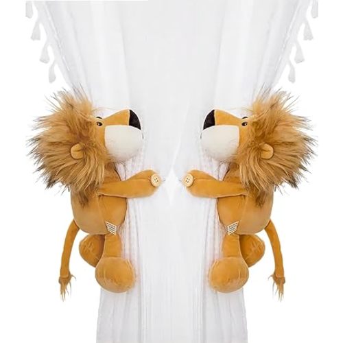 Curtain Tiebacks, 1 Pair Cute Animal Curtain Holdbacks for Drapes, Buckle Hook Fastener Curtain Tie Backs Holder for Nursery Decor, Kids Bedroom Window Decorations (Lion)